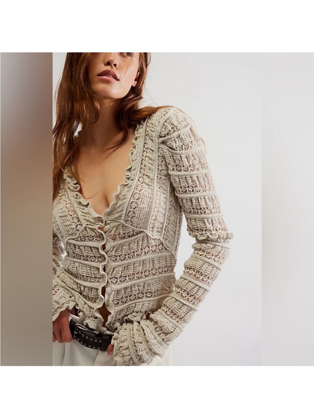 Free People Cream Crochet Ruffle Cardigan